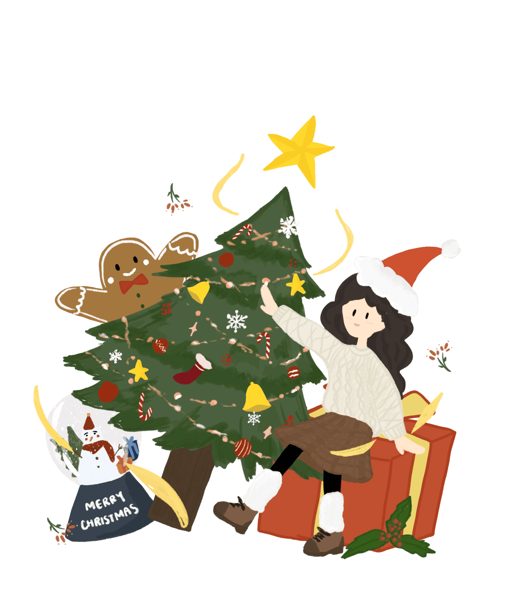 Merry Christmas illustration of a girl in a Santa hat decorating a tree beside gifts